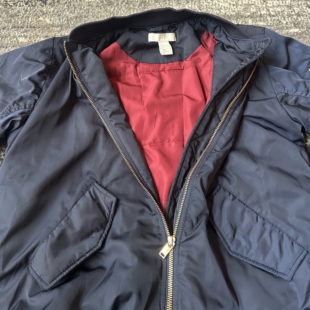 H&M Silky Navy/Gold Bomber Jacket With Ruching - Picture 9 of 10
